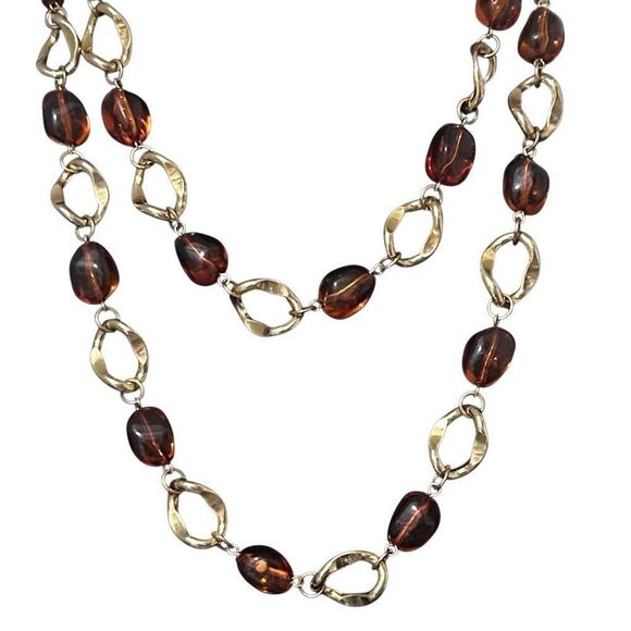 Double Strand Chunky Amber Necklace Women's Gold-tone Hammered Ring Link Chain - Picture 3 of 6
